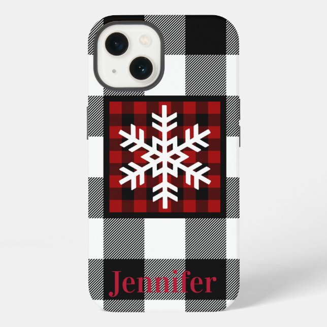 iPhone Rouge, Noir, Plaid de bison blanc, Coque de flocon (Verso)