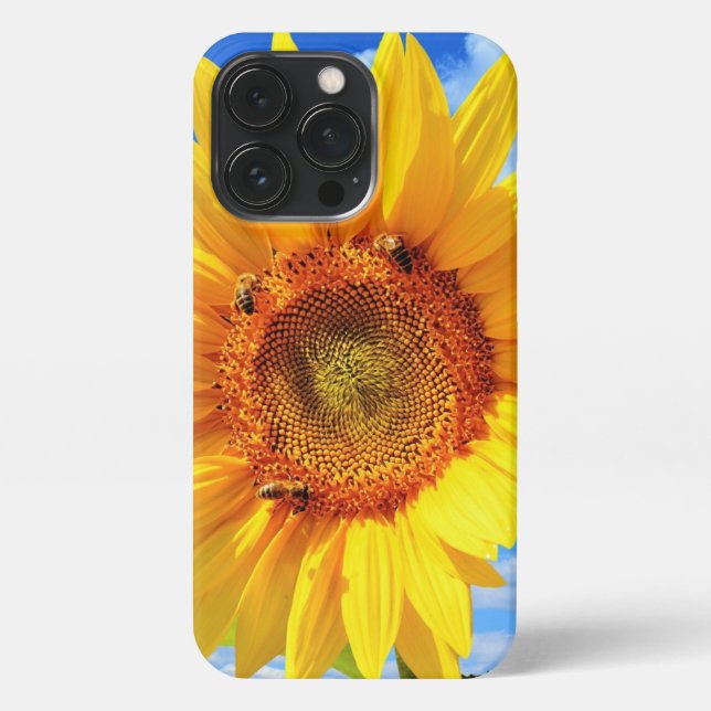 iPhone Tournesol jaune et abeilles sur le ciel bleu coque (Verso)