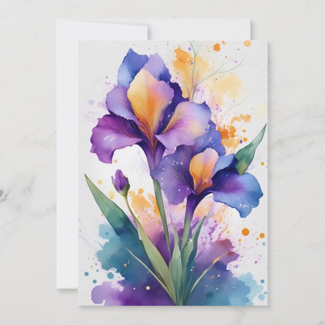 Iris bleus, violets et jaunes à l'aquarelle (Devant)