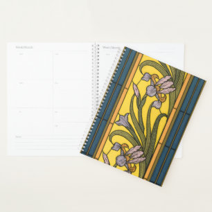 Iris Fleur Art Nouveau Vitrail Bleu Or