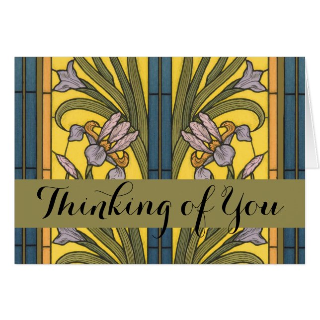 Iris Fleur Art Nouveau Vitrail Bleu Or (Devant horizontal)