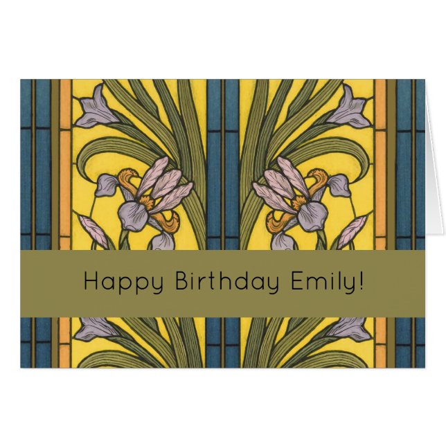 Iris Fleur Art Nouveau Vitrail Bleu Or (Devant horizontal)