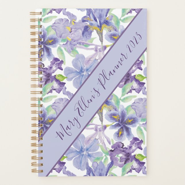 Iris Floral Aquarelle Violet Jaune Année Monogramm (Devant)