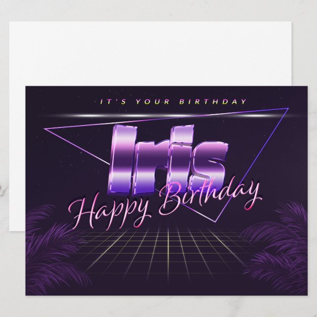 Iris Name Prénom lila retro Carte Anniversaire (Devant / Derrière)