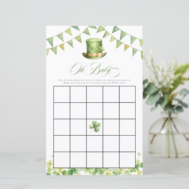 Irish Baby Shower Bingo Green Shamrock Card (Debout devant)