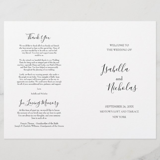Isabella Élégant Script Plié Mariage Programme (Devant)