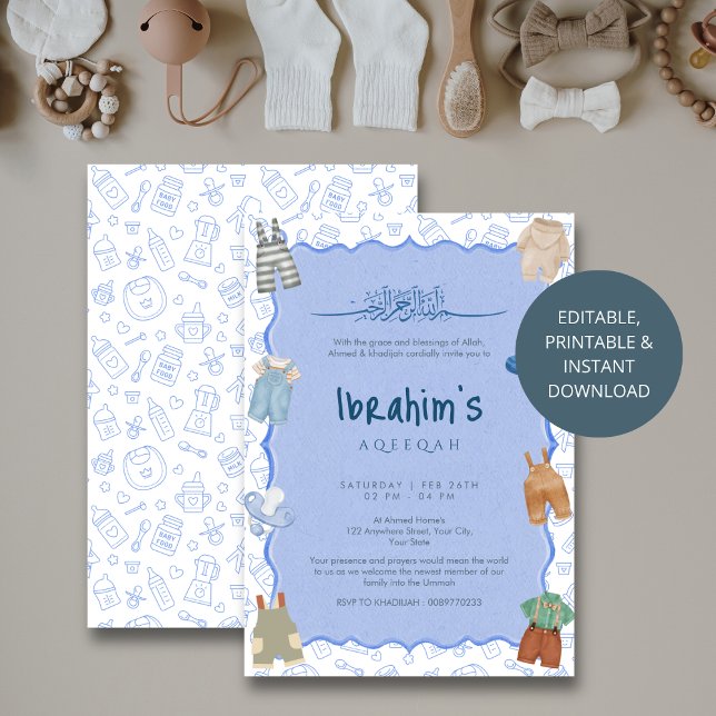 Islamic Blue Watercolor Baby Boy Aqiqah Invitation (Créateur téléchargé)