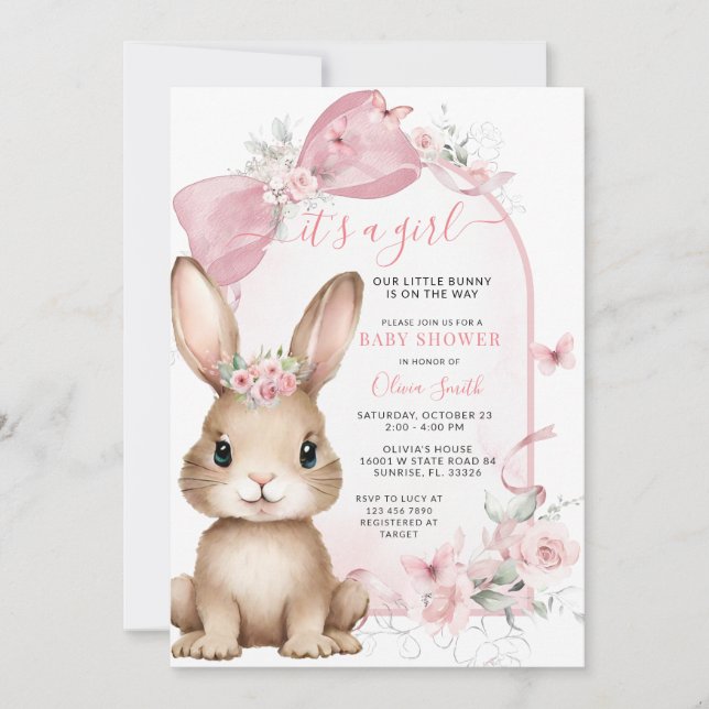 It’s a Girl Bunny Pink Bow Baby Shower Invitation (Devant)