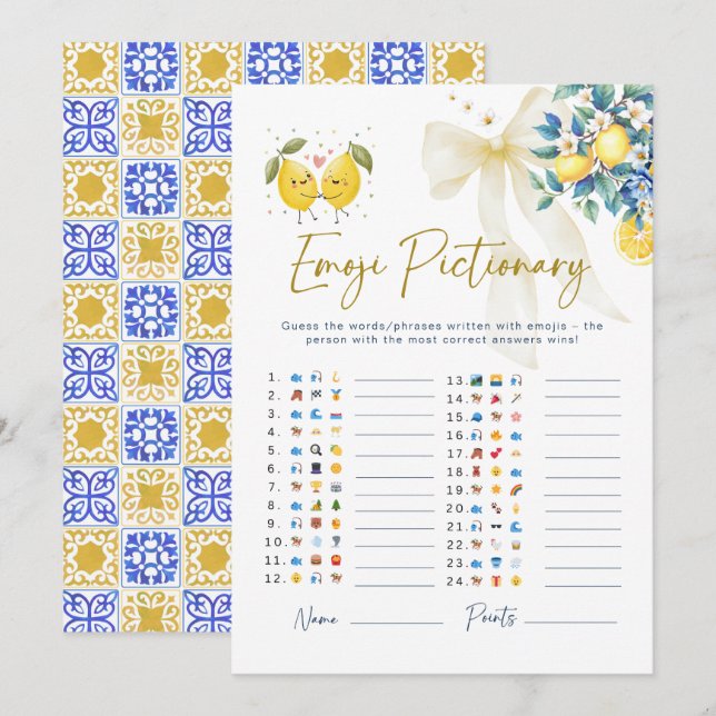Italian Amalfi Lemon Emoji Pictionary Baby Shower  (Devant / Derrière)