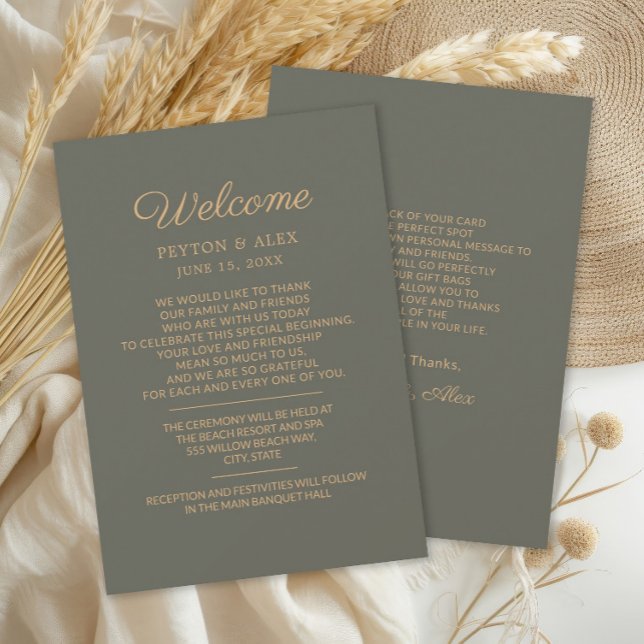 Itinéraire de bienvenue du Mariage vert olive (Olive/sage green Wedding Welcome Itinerary 2-sided card)