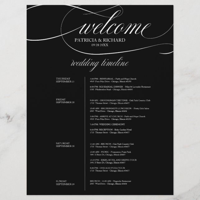 Itinéraire de mariage chic noir et blanc de 4 jour (Devant)