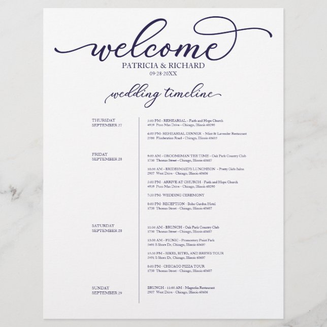 Itinéraire de mariage de 4 jours Script Bleu Marin (Devant)