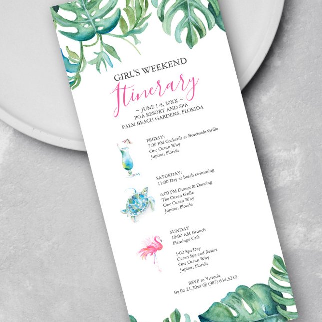 Itinéraire de week-end tropical à l'aquarelle (Girl's weekend itinerary invitations features watercolor tropical leaves & art Victoria Grigaliunas)