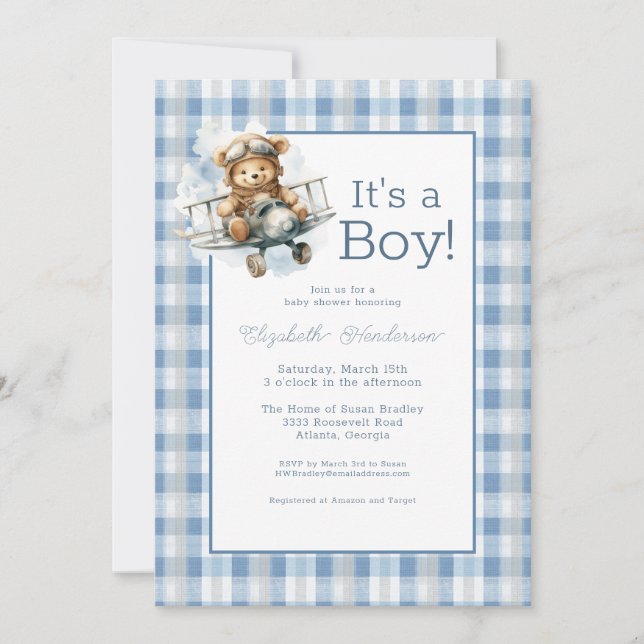 It's a Boy Blue Airplane Baby Shower Invitation (Devant)