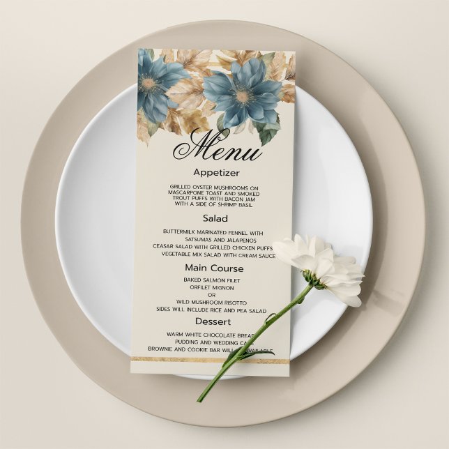 Ivoire bleu automne printemps fleuri Mariage Menu (Blue ivory gold fall spring floral Wedding Menu)