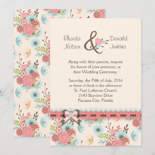 Ivoire, bleu et corail Faire-part de mariage flora