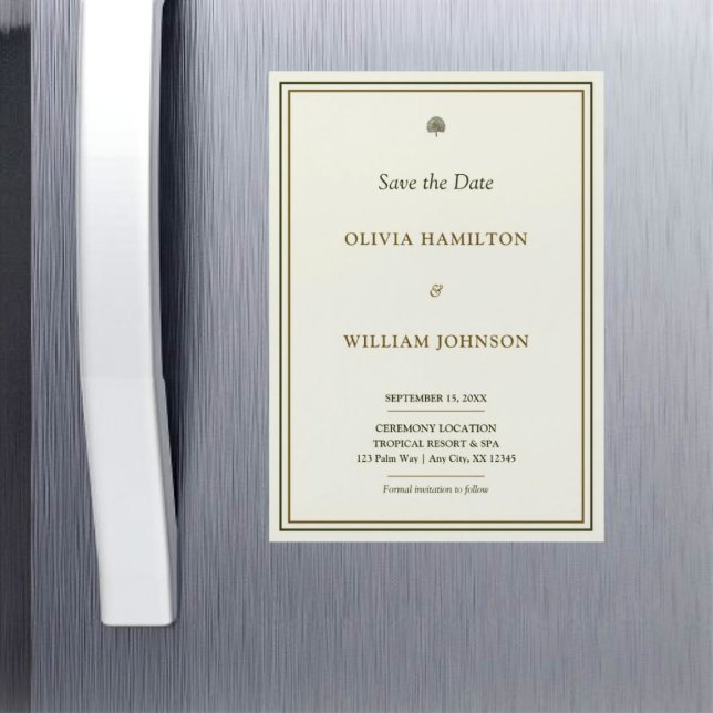 Ivoire & Or Vertical Enregistrer l'aimant de date (A chic 5x7 ivory and gold border Save the Date magnet your guests will love keeping on display.)