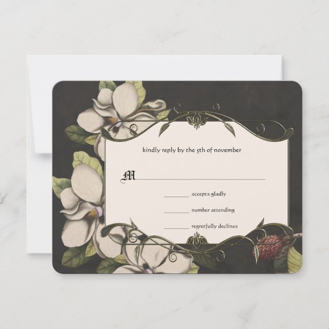 Ivory Black Green Copper Magnolia Mariage RSVP (Devant)