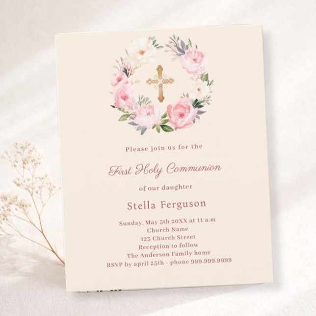 Ivory blush florals First Communion invitation (Créateur téléchargé)
