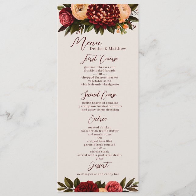 Ivory & Bourgogne Chrysanthemum Menu Mariage (Devant)