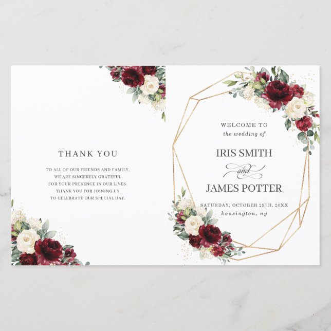 Ivory Bourgogne Floral Programme de mariage plié (Devant)