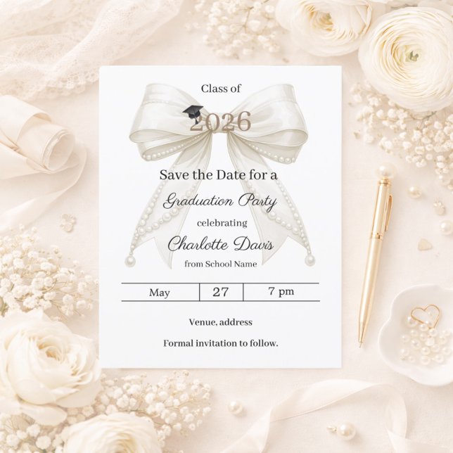 Ivory bow pearls Graduation party Save the Date (Créateur téléchargé)