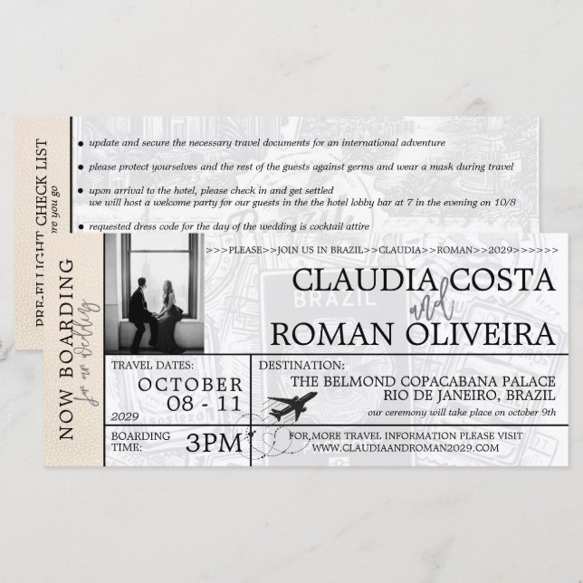 Ivory Brésil Mariage Boarding Pass Invitation (Devant / Derrière)