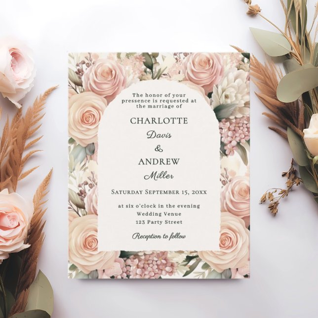 Ivory dusty rose mauve florals wedding invitation (Créateur téléchargé)