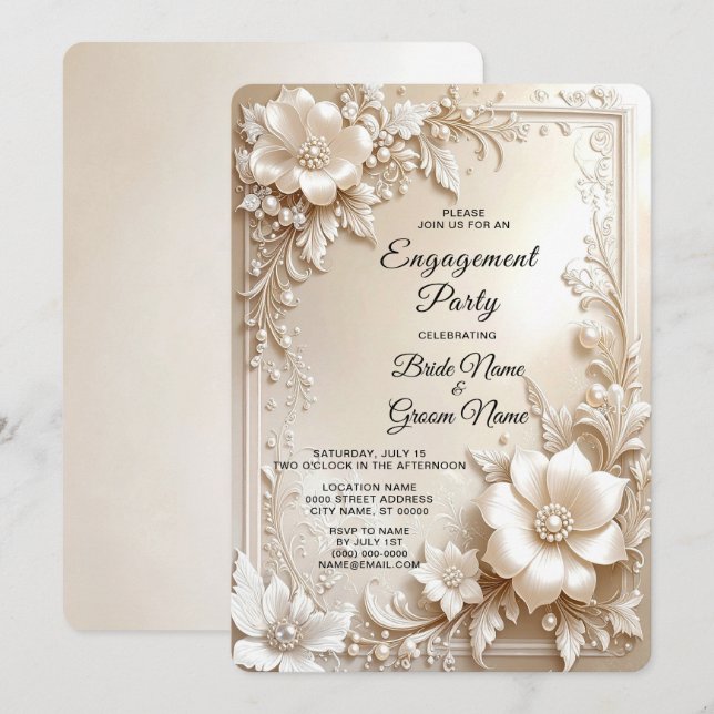Ivory Flowers Engagement Invitation (Devant / Derrière)
