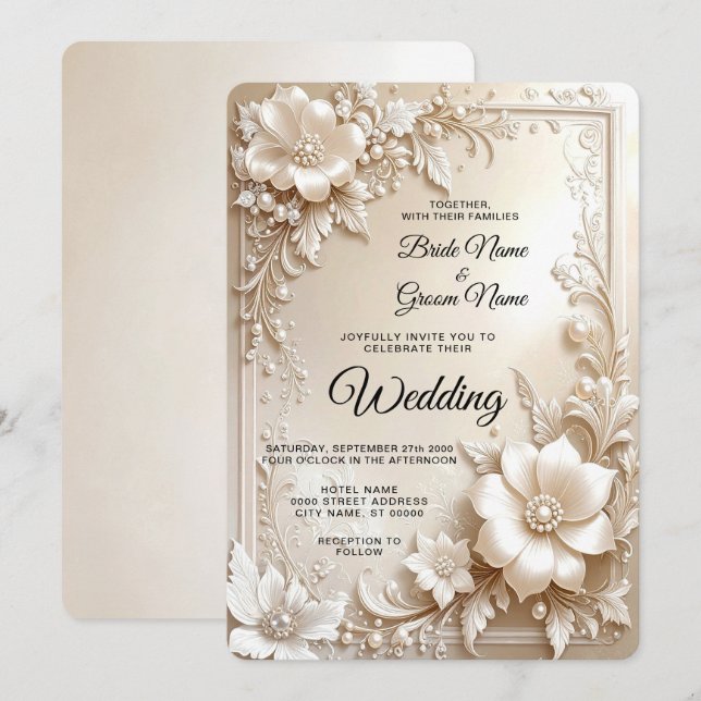 Ivory Flowers Wedding Invitation (Devant / Derrière)