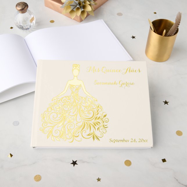 Ivory, Gold FOIL Silhouette Quinceañera Livre d'or (Recto ouvert)