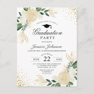 Ivory Golden Floral Graduation Party Invitation