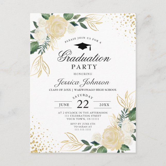 Ivory Golden Floral Graduation Party Invitation (Devant)