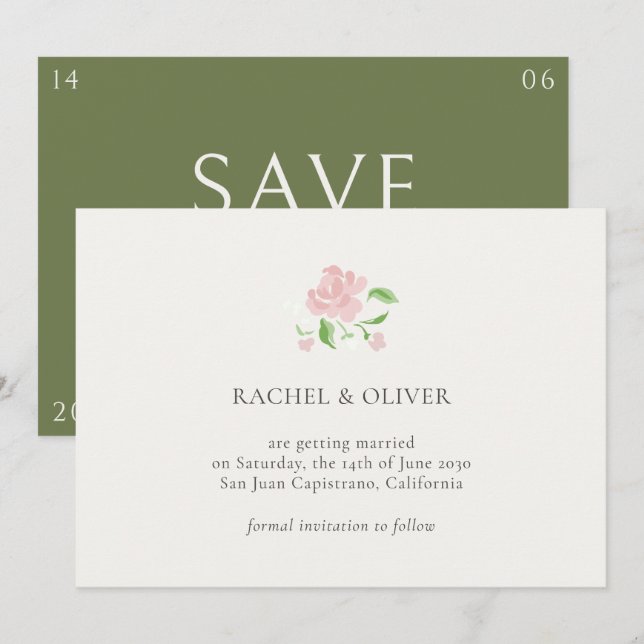 Ivory & Green | Floral Rose Wedding Save The Date (Devant / Derrière)