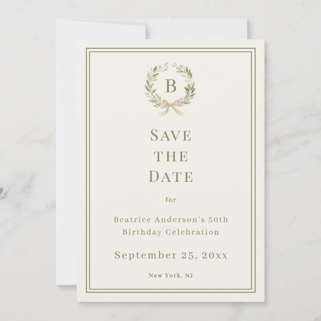 Ivory green monogram wreath birthday save the date (Devant)