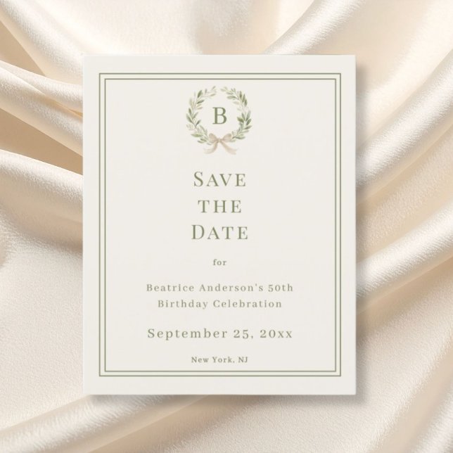 Ivory green monogram wreath birthday save the date (Créateur téléchargé)