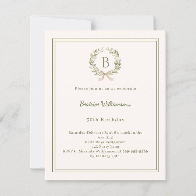 Ivory greenery wreath monogram Birthday invitation (Devant)