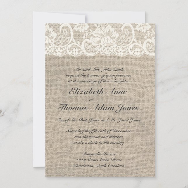 Ivory Lace et Burlap Faire-part de mariage (Devant)