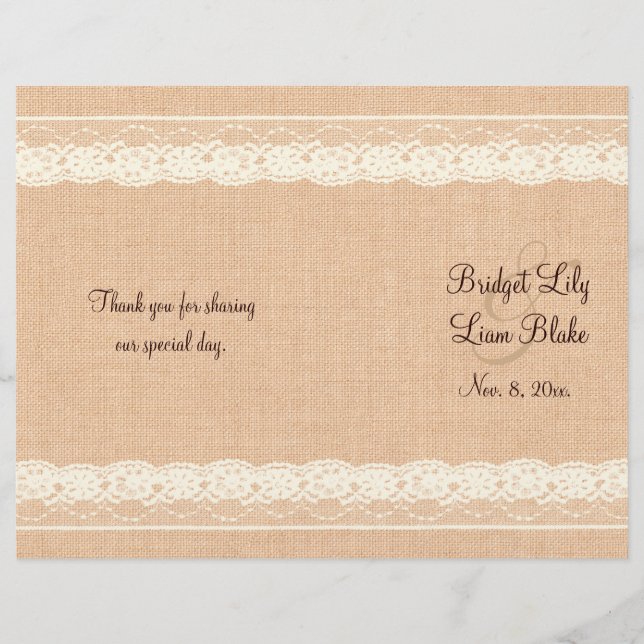Ivory Lace & Light Burlap Programme de mariage (Devant)