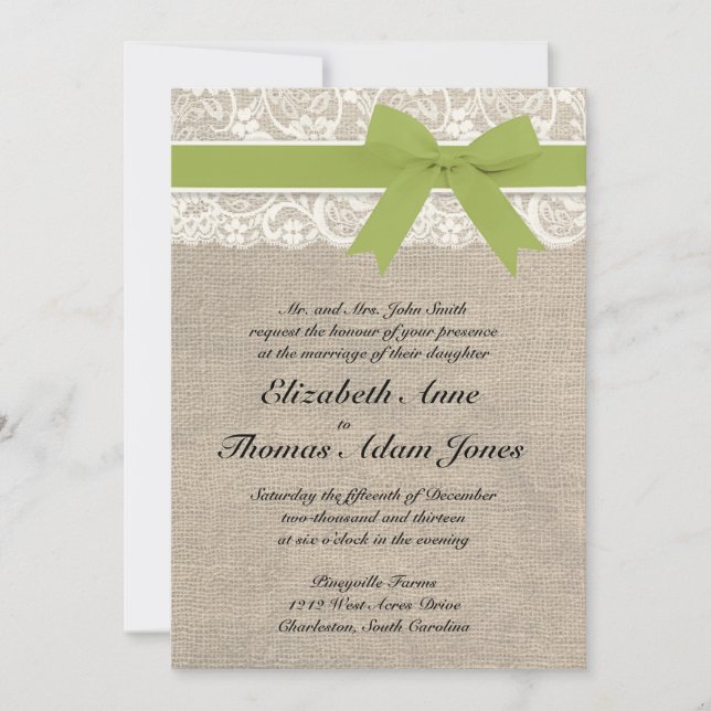 Ivory Lace Look Rustic Burlap Invitation - Olive (Devant)