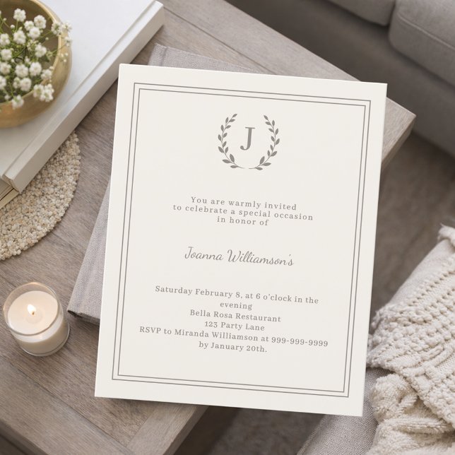 Ivory monogrammed milestone age-neutral invitation (Créateur téléchargé)