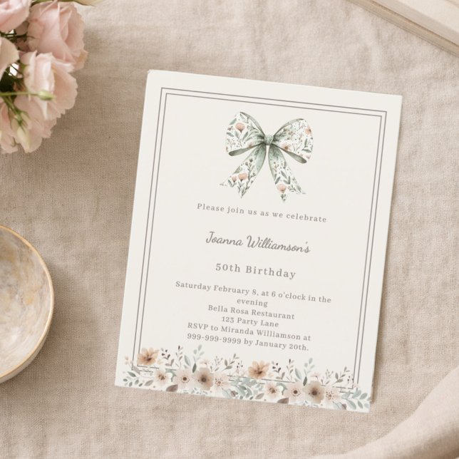 Ivory muted green bow florals birthday invitation (Créateur téléchargé)