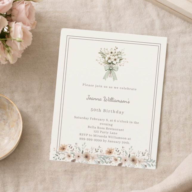 Ivory muted green floral birthday invitation (Créateur téléchargé)