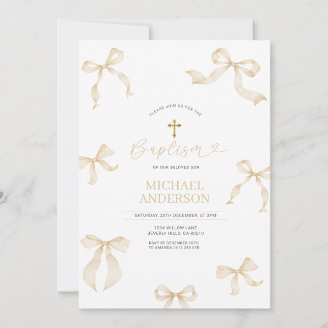 Ivory Neutral Bow Christening Invitation (Devant)