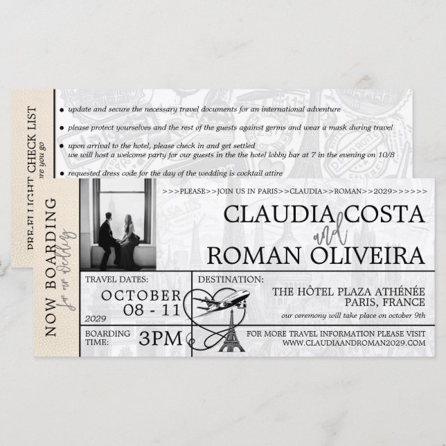 Ivory Paris Mariage Boarding Pass Invitation (Devant / Derrière)