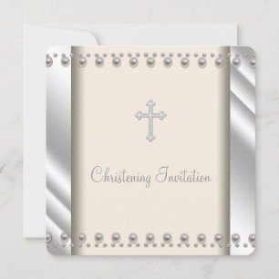 Ivory Pearl Cross Christening Invitation