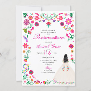 Ivory Pink Otomi Brodery Quinceañera Invitation