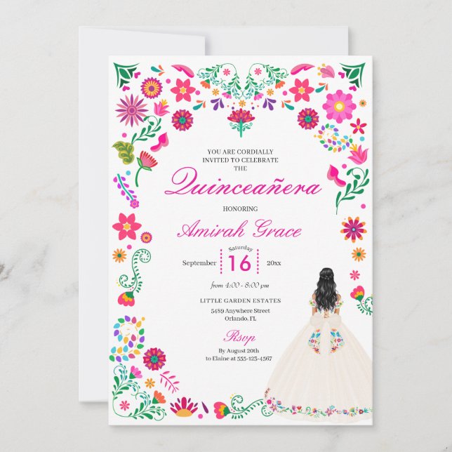 Ivory Pink Otomi Brodery Quinceañera Invitation (Devant)