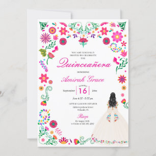 Ivory Pink Otomi Brodery Quinceañera Invitation