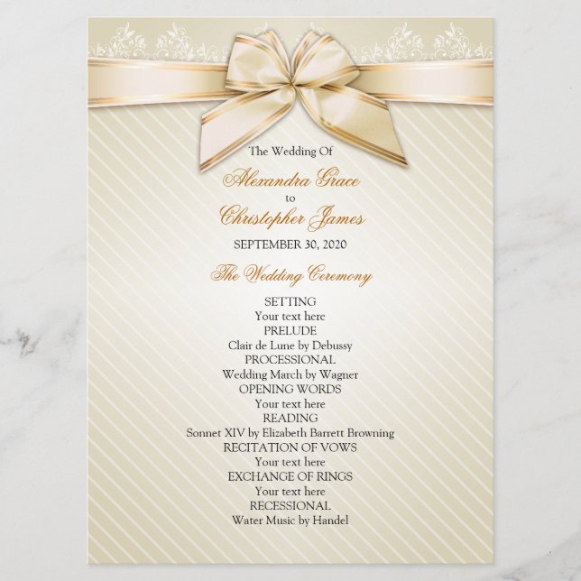 Ivory Ribbon Gold Stripes Programme de mariage (Devant)